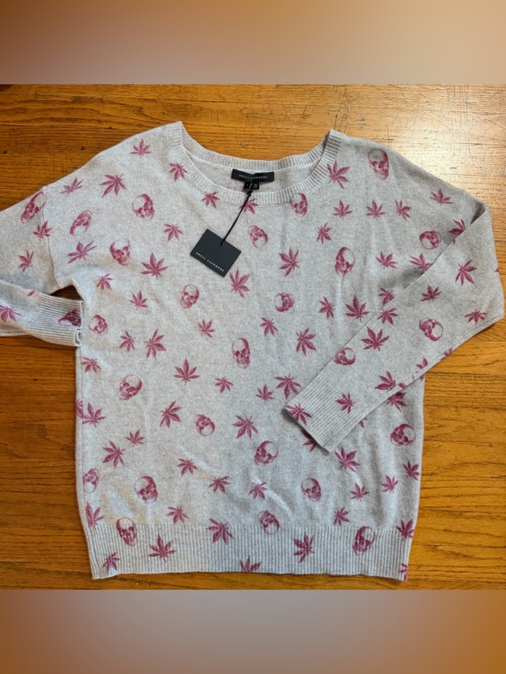 NWT 360 Cashmere - Skull Cashmere Sweater with Pink Skull & Leaf Print